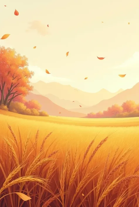 masterpiece, Best Quality, High resolution, Detailed to the last detail、Autumn fields, autumn leaves, wind blowing through, ripened rice ears, minimalist image、