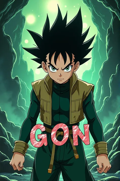 Create an image of Gon from hunter x hunter in high quality and at the bottom in the middle it says with nice and legible letters JherarPK