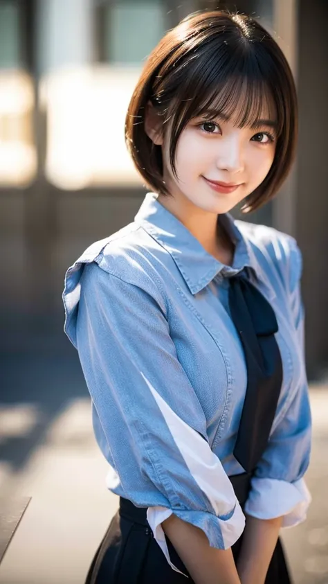 (highest quality,masterpiece:1.3,ultra high resolution),(Super detailed,caustics,8k),(photorealistic:1.4,RAW shooting),1 girl,(look at the camera with a smile),20-year-old,cute,Japanese,black hair short cut,long sleeve blouse,big ,bust up shot,street,face ...