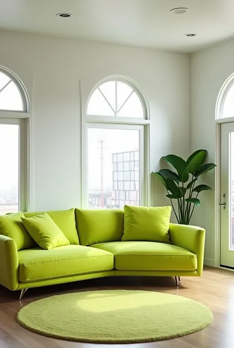 design me a funky art deco apartment living room with a lime green couch. there are two windows behind the couch on the wall and a window to the right of hte couch on another wall. and on the same wall after that is the entrence door which is modern. room ...