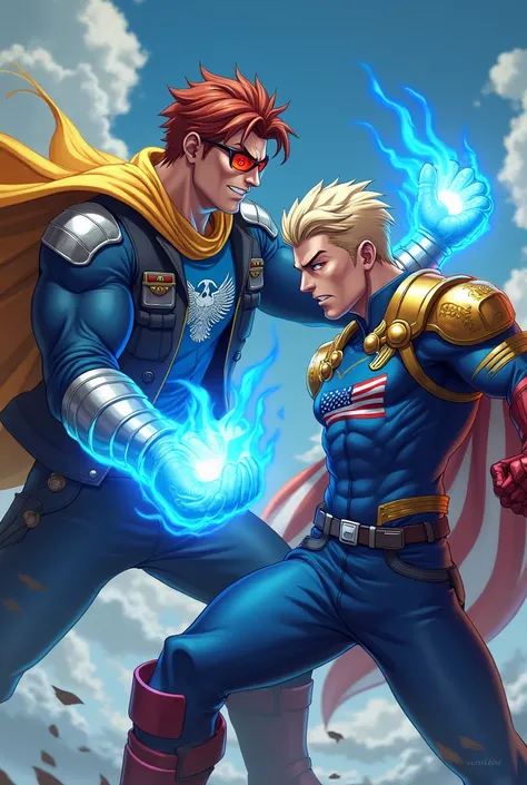 man, with bacon-colored hair, golden cloak, SILVER SHOULDER PADS, black jacket, blue shirt with motorcycle print, glasses, fists with blue flames.
Lutando contra
man adulto, with the cover of the flag of the United States of America, blonde hair, short, sl...