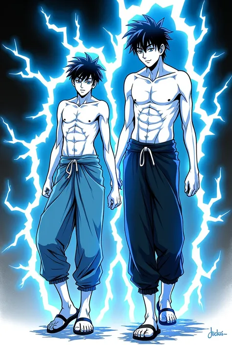 Jujutsu Kaisen Manga Art Style, Manga, Pen, 2 Adult Male, Shirtless, Harem Pants, Blue Lightning, Short Black Hair, Blue Eyes, Black and White, socks and sandals