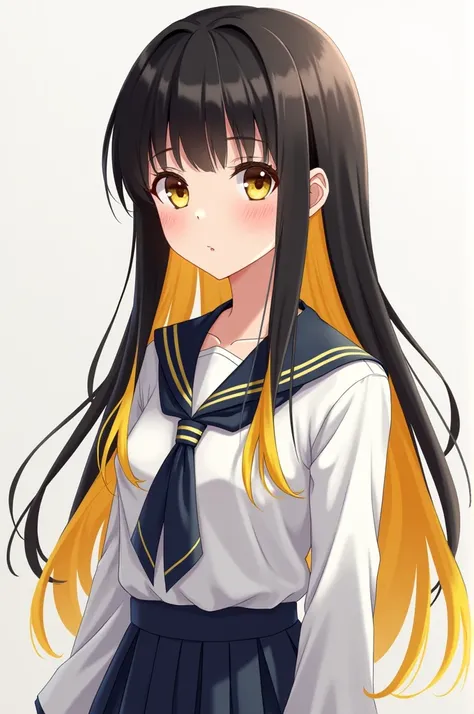 girl with detailed face, long hair half black half yellow, wearing school uniform, anime style 