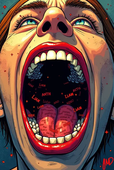 Open mouth with curse words coming out of the mouth. 
Imagem comics 