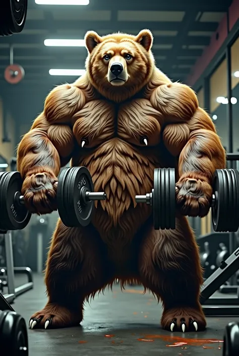 Bear in the gym lifting 20kg weights