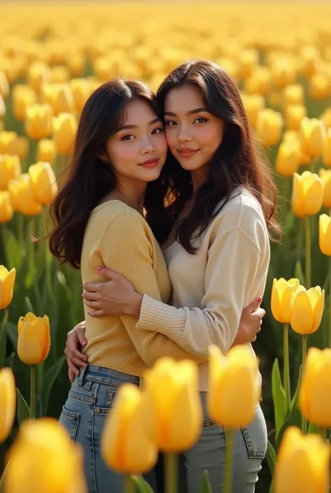 Girl with straight black hair just below her shoulders, Of white skin, nice thick lips, nice slim body, that the girl is accompanied by a white, chubby girl with shoulder-length curly brown hair, and brown eyes, hugging each other so that the two of them a...