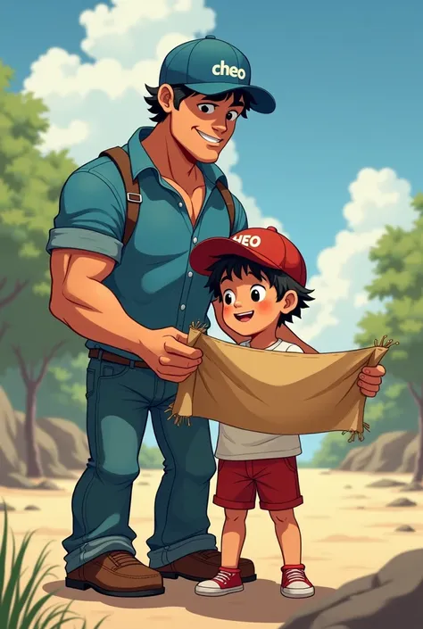 Without a bag on their backs, Young man with his son, young muscular man,  with a blue shirt and long jeans with a blue cap and brown shoes , on the cap say CHEO with his  son, tender white shirt with red shorts with a red cap and red shoes, watching treas...