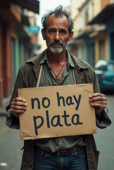 Burns with handwritten sign on Cardboard in front of him , with the text No hay plata highly detailed.