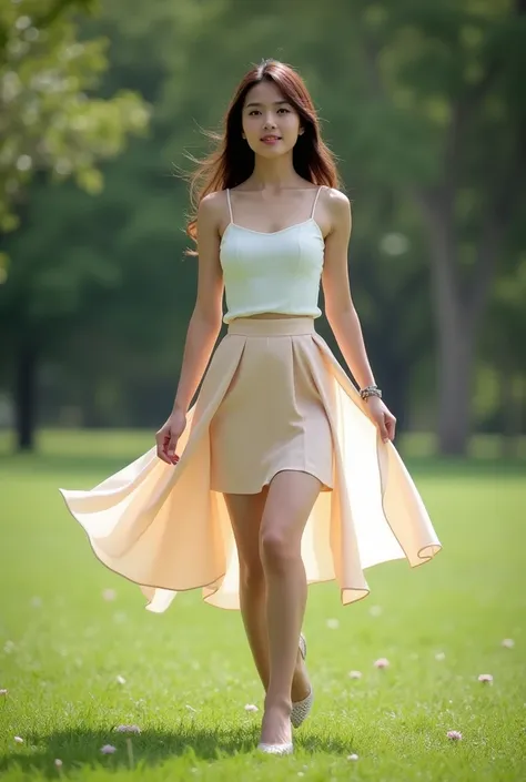 Underskirt photos,Beautiful Thai woman wearing a short skirt walking in a park, minimal background, masterpiece