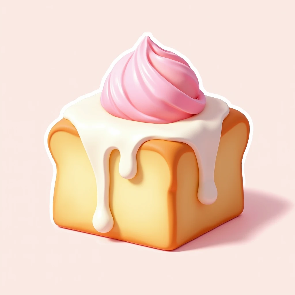 Square bread，There is a ball of ice cream on it，Ice cream is flowing down the edge，The color is pink、white、Custard，Round card sticker effect