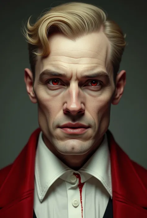 Create a vampire from , with a somewhat human appearance, with 1940s side part haircut, blonde, with white shirt and red jacket, with vampire teeth and smiling straight ahead, masculine and realistic, and with the fangs showing, Shorter hair, red eyes, and...