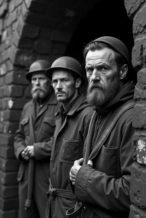 four 19th century miners at the gate of a mine, tough and determined expression, fearless,dirty face, Anton Corbijn style, black and white, ultra detailed, HD, 8K, medium shot s 500