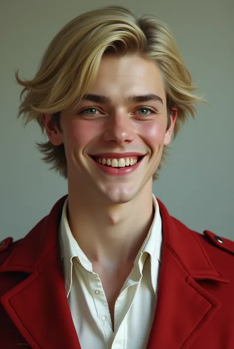 Create a teenager of , vampire-like with a somewhat human appearance, with 1940s side part haircut, blonde, with white shirt and red jacket, with vampire teeth and smiling straight ahead, masculine and realistic, and with the fangs showing, Shorter hair, r...