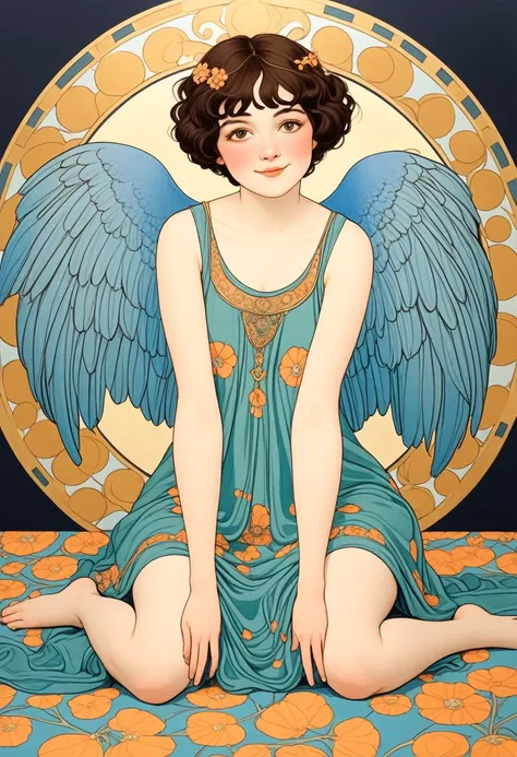 1 girl, round face, little fat, giggle, very cute, happy, spread arms, sitting, T-shirt, shorts, full length, Gustav Klimt: art-nouveau style, George Barbier: Art-Déco style, 