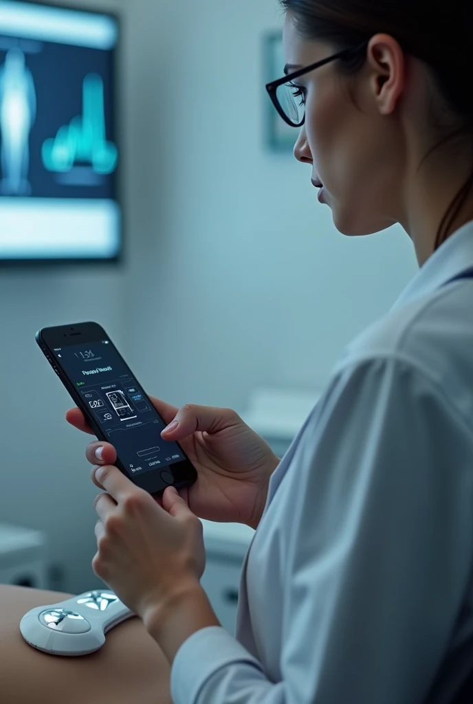 The patient holds a mobile phone and uses his or her voice to control the electrical stimulation device placed on his or her body.