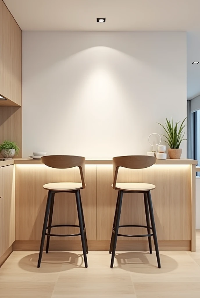 high counter for eating leaning against the wall with two chairs facing the wall kitchen colors light wood and white just for eating leaning against the wall nothing else with decoration and more modern no natural light just artificial more beautiful high ...