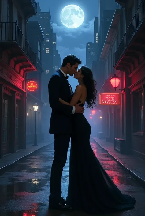 A mysterious and alluring couple is shown embracing in a dark, moonlit alleyway. The woman is wearing a black evening gown, and the man is dressed in a tailored tuxedo. They are lost in a passionate kiss, with their bodies pressed together.

In the backgro...