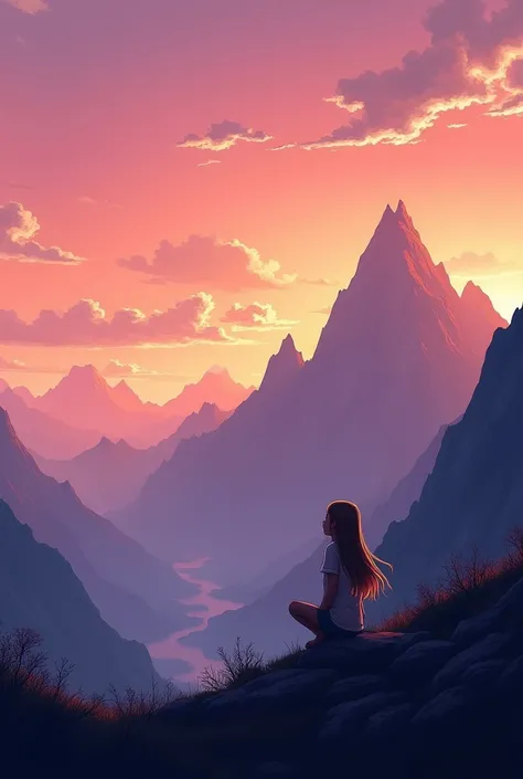 Show a realistic silhouette of mountains against a dark gradient sky transitioning from dark orange to lavender, with realistic wispy clouds floating above. A young girl with rosy cheeks and long hair sitting there