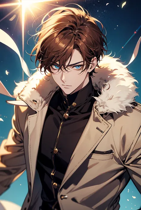 Anime style man with brown hair and slim figure. His eyes have a cyan hue ,“handsome” face and a distinctive mark on his right eye a star, masterpiece, quality, Retina, Simple background, Shine, Lens flare