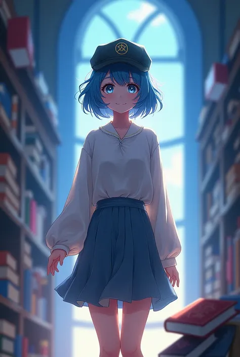 Young woman, Short wavy blue hair,smile, Blue eyes, smile ligera, one cap, Walking in a magical library, mysterious and magical atmosphere, floating books animated style, 