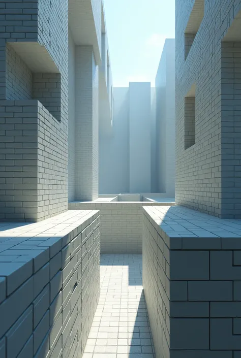 Create a maze, with 3D bricks, with 7 outputs, simulating a space between the walls of 4 meters, simulating looking at a 30 degree tilt perspective and as if I were looking at a height of 15 meters. The floor should be illuminated with sunlight at 12 o&#39...