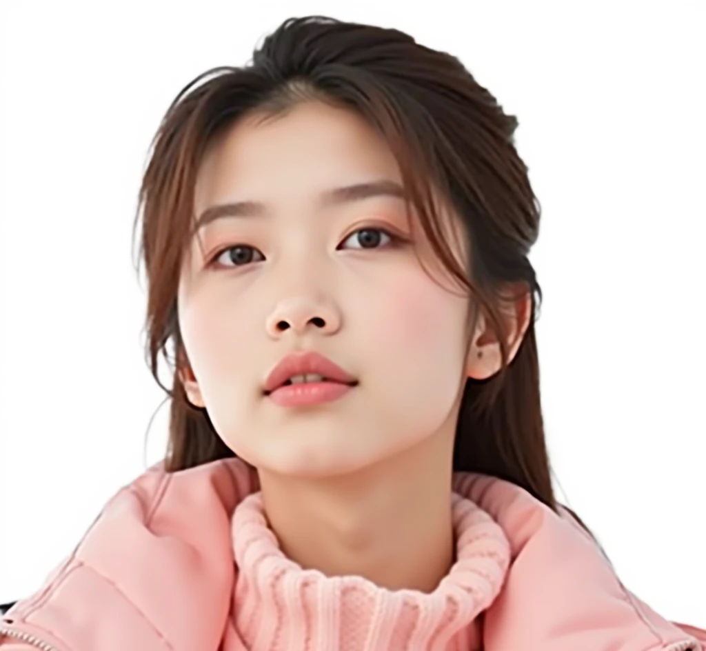 Studio shooting, 1 girl, beautiful, Korean, Pink down jacket， zipper, Look towards the camera, UHD, super detail, textured skin, masterpiece, highres, high quality, best quality