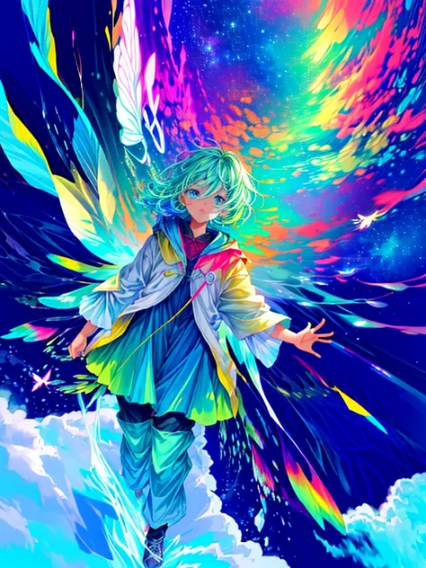 Cute iridescent round monster in space、Iridescent grass々Drawing a butterfly flying over the water, Looking up at the starry sky. Surround her with colorful nebulae and colorful forests.