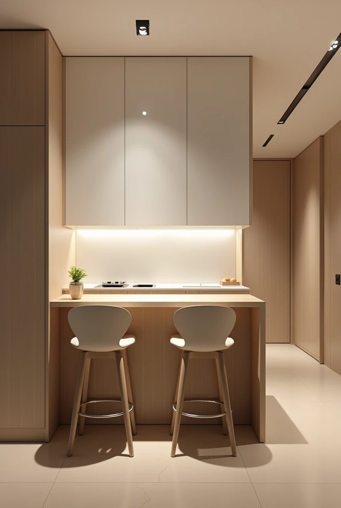 high counter for eating leaning against the wall with two chairs facing the wall kitchen colors light wood and white just for eating leaning against the wall nothing else with decoration and more modern without natural light just artificial more beautiful ...