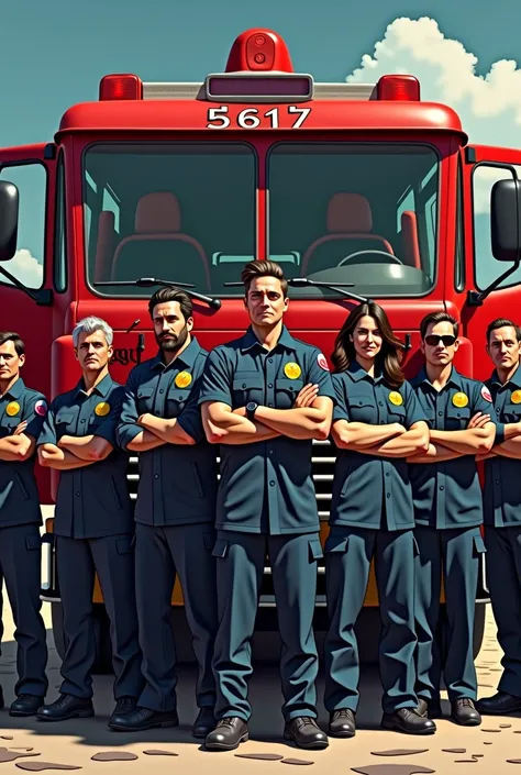 Group of 15 firefighters from the Canelones detachment misaligned with different personalities with a fire truck in the background with the number 5617