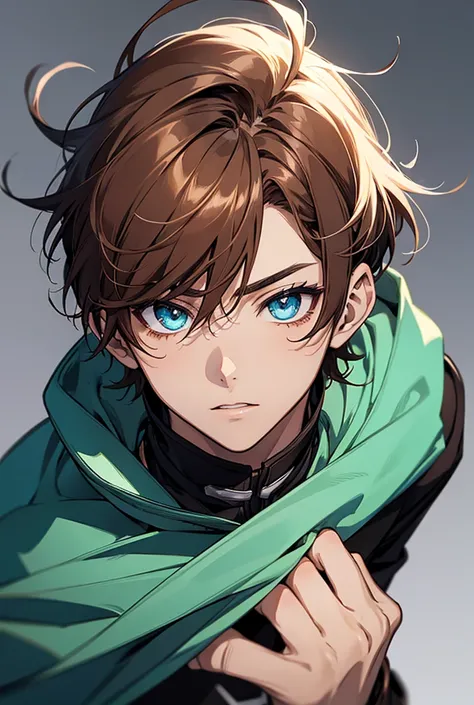 Anime style young teenager with brown hair and slim figure. His eyes have a cyan hue ,“handsome” face and a distinctive mark on his right eye a star, quality, Retina, Simple background, Shine