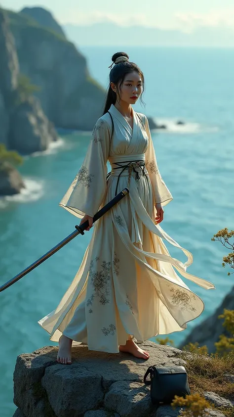 score_11, score_9_up, score_8_up, a beautiful young woman in a erotic Japanese traditional celebrity festival dress, holding a katana, standing on a cliff overlooking a body of water, japanese-style pose, facing left, rocks in background, handbag near her,...