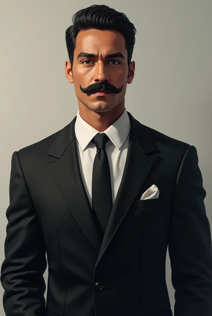 Create the image of a man with Mexican appearance features with a mustache wearing a black suit with a white shirt 