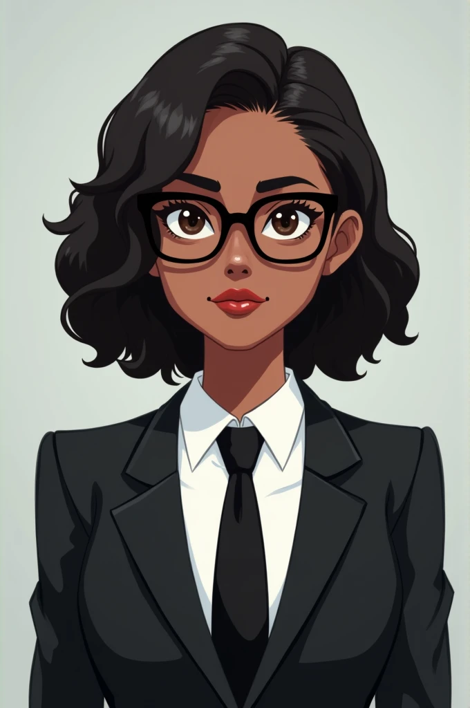 Passport photo of animated woman with dark complexion with medium-short wavy hair in a black suit, black tie, white shirt and black glasses 