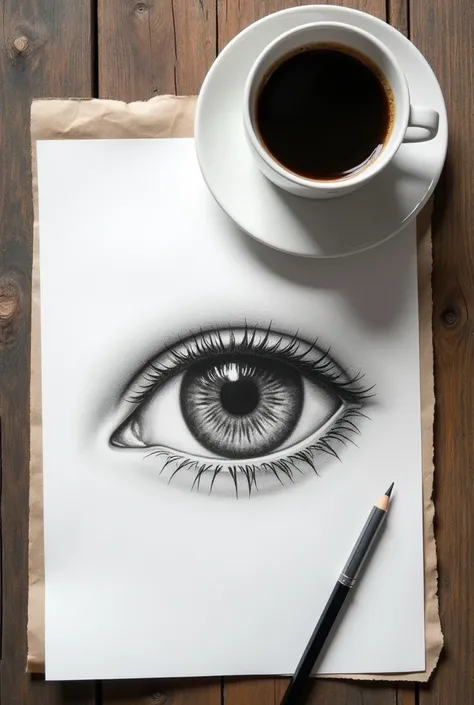 A realstic drawing of eye in a paper .the is on a wooden table beside it a cup of coffee.