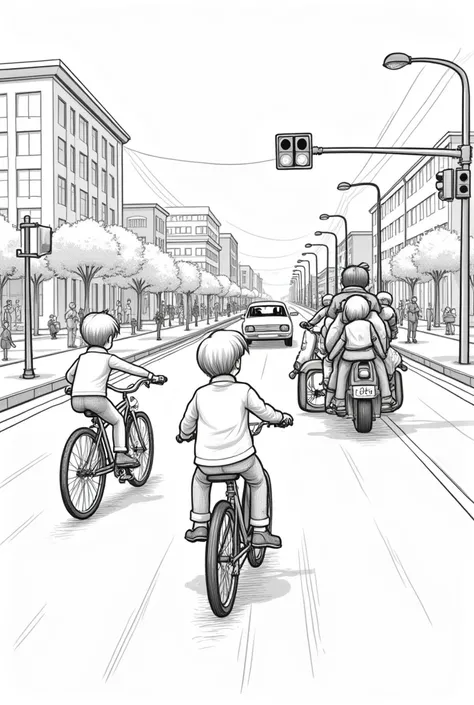 Elementary school student riding bicycle through red light, a student riding a beautiful bike with both hands free, A motorcyclist carrying students without helmets on the street, There is a car stopping at a red light., where many people , have trees, use...