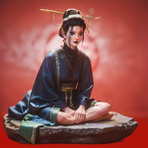 Si Mei, Black Myth, Black Myth Wukong,   black hair, facial mark, single hair bun, hair bun,   forehead mark, hair ornament, makeup, black lips, score_9, score_8_up, score_7_up, score_6_up,, long legs, 1girl,solo,(((red background))),sitting on rock, shiny...