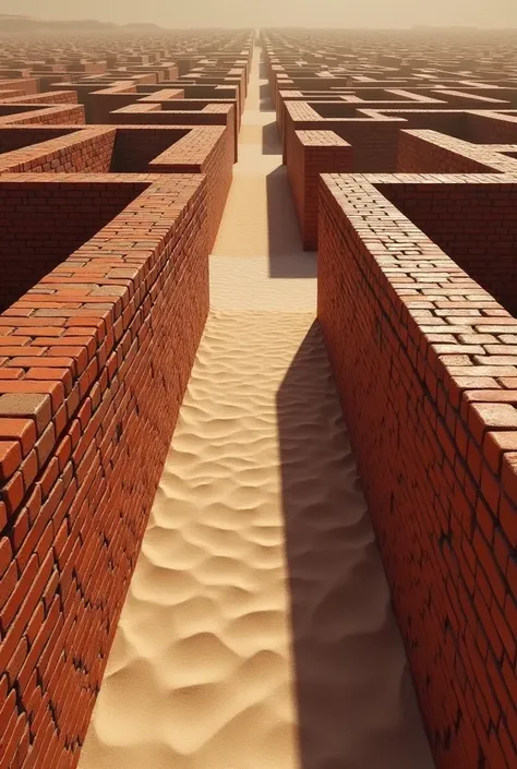 Create a maze, with 3D bricks, with 7 outputs, simulating a space between the walls of 4 meters, simulating looking at a 30 degree tilt perspective and as if I were looking at a height of 15 meters. The floor must be well lit.. The floor of this maze must ...