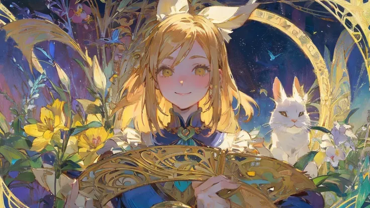 ((9-head body ratio)), female with rabbit, adventure, long blonde hair, be coquettish, ((flirtatious glance)), smiling, laughing, long silk gloves, yellow flowers and lily, ((Alices Adventures in Wonderland)), Lewis Carroll, fairy tale, fantasy, symbolic, ...