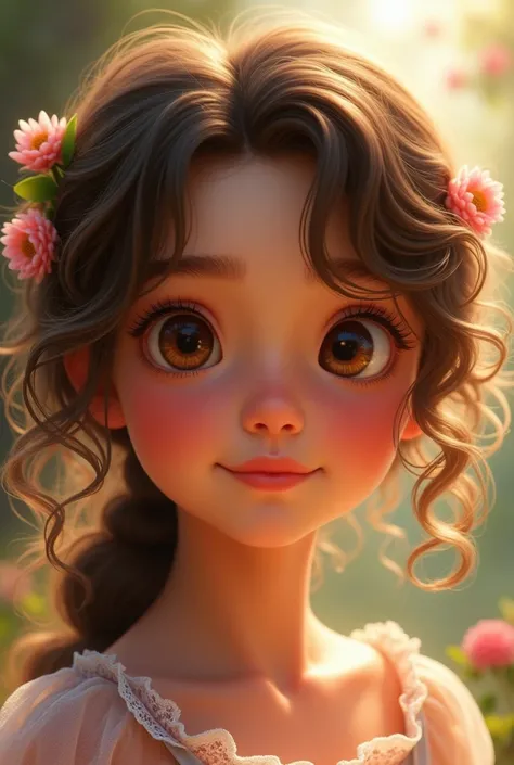 Girl with brown eyes and curly brown hair, Disney Pixar model


