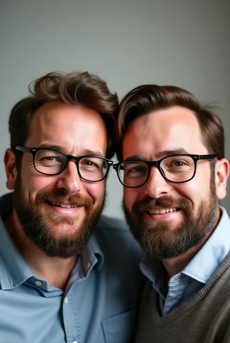 2 man, chubby, with beard, brown eyes, brown hair, with glasses