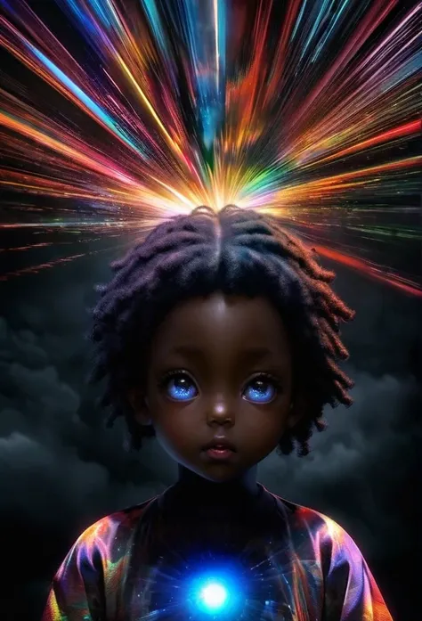 High energy black african baby boy entity born from cosmic rays, transparent yet very vibrant colors of pure energy, transparent dreadlocks, small wings, and baby features, leaking iridescent light, background ominous spiral black hole, electromagnetic dis...