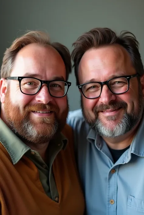 2 man, chubby, with beard, brown eyes, brown hair, with glasses