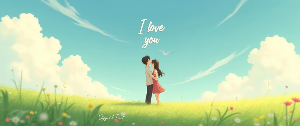 Anime Couple Leaning On Each other in an open field Watching the sky where clouds 
Write the word I Love You and Shajid & Israt