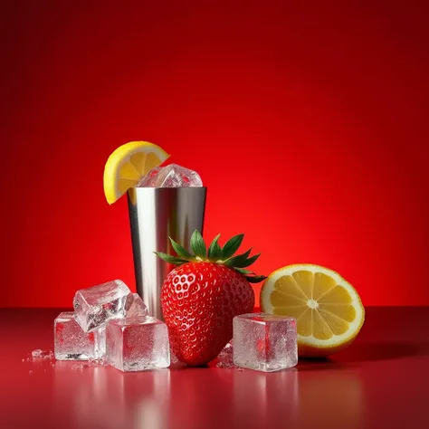 Strawberry with ice around it, stainless steel cocktail and sliced lemon on a red background