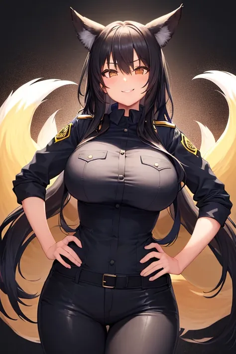 ((1girl)), perfect face, , black hair, long hair, brown eyes, fox ears, ((dark background)), ((facing forward)), cowboy shot, lustful smile, in the center, ((giant breasts)), ((standing)), ((hands on hips)), ((perfect hands, correct number of fingers)), ((...