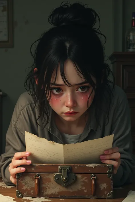 A young teenage girl found an old chest while reading the letters she found, crying inconsolably after reading them. A realistic image of a 20-year-old woman&#39;s face, crying tears, and the chest is noticeably dirty, just like the girl. The environment i...