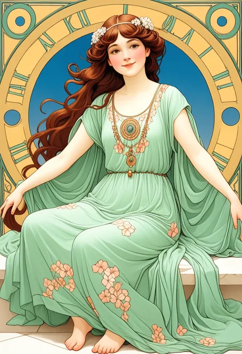 1 young woman, round face, little fat, giggle, very cute, happy, spread arms, sitting, T-shirt, shorts, full length, George Barbier: Art-Déco style, Alphonse Mucha: art-nouveau style, Gustav Klimt style,