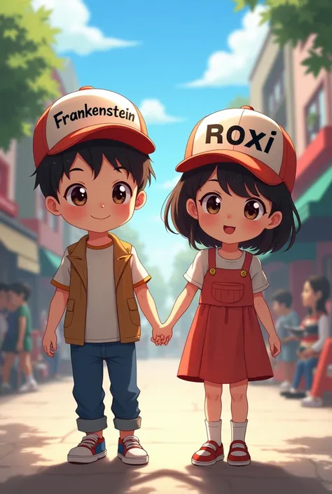 Create a photo of a boy with a cap that says Frankenstein holding hands with a girl with a cap that says Roxi, both dressed the same  ,version anime 