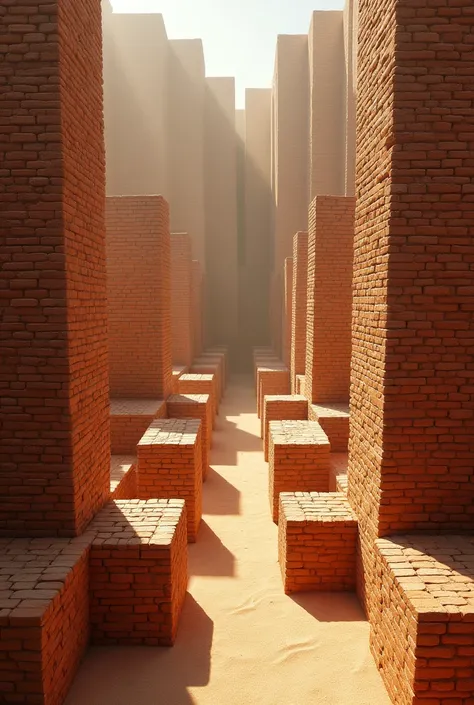 Create a maze, with 3D bricks, simulating a space between the walls of 4 meters, simulating looking at a perspective of 30 degrees of inclination and as if it were observed at a height of 10 meters. The floor must be well lit. The floor of this maze must b...