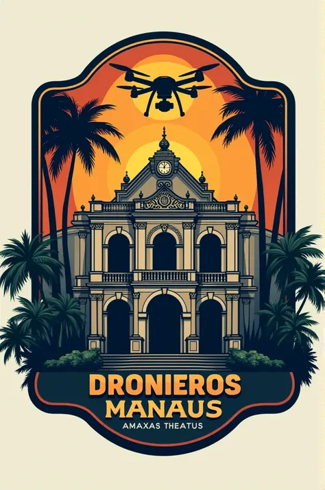 Create a logo emblem called DRONEIROS MANAUS, with Amazonas Theater